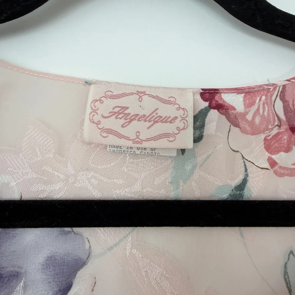 Angelique Vintage Floral‎ Robe & Slip Set Pink Jacquard Lace Trim Large made USA